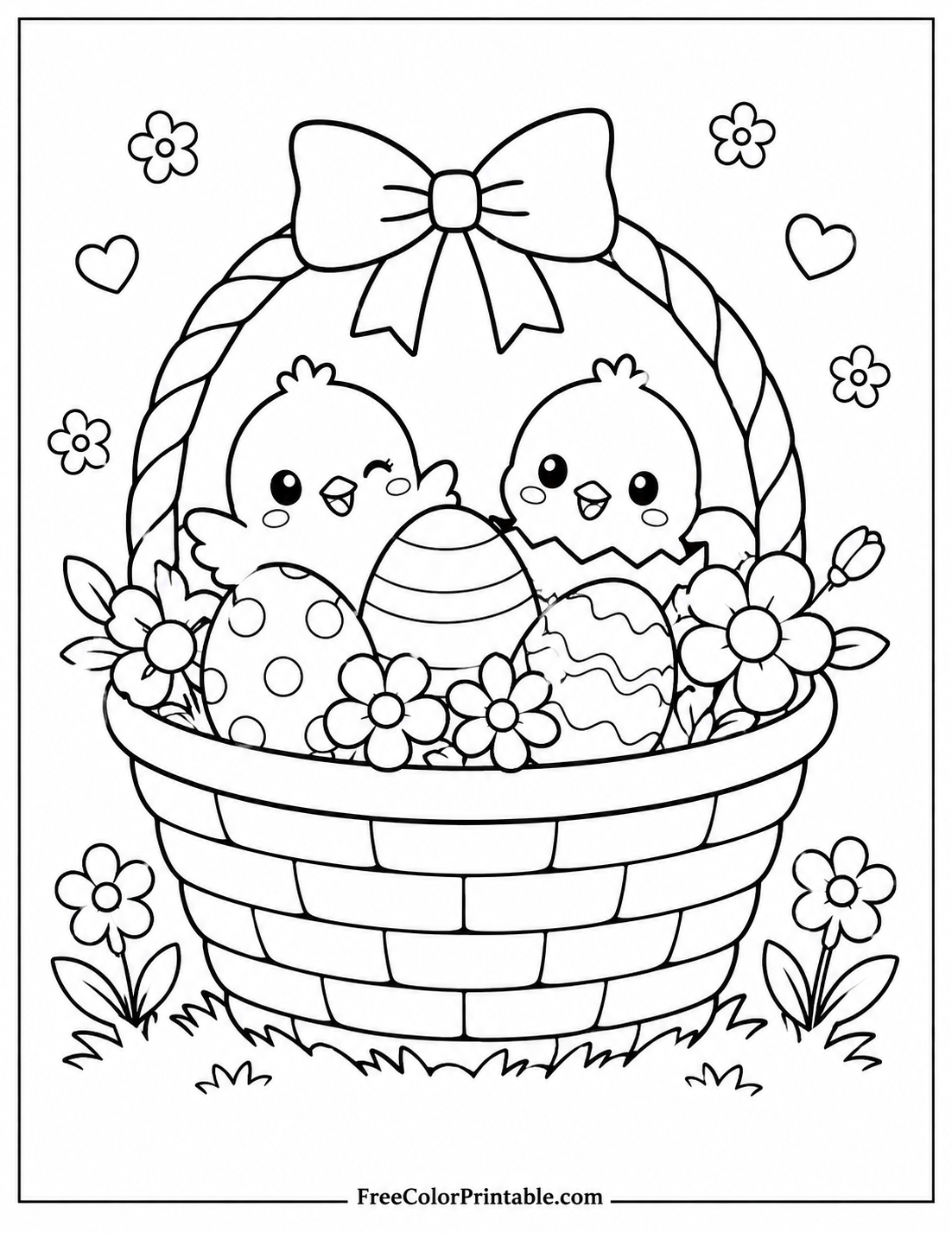 Easter basket with chicks and flowers Coloring Page — Free Printable — free printable coloring page